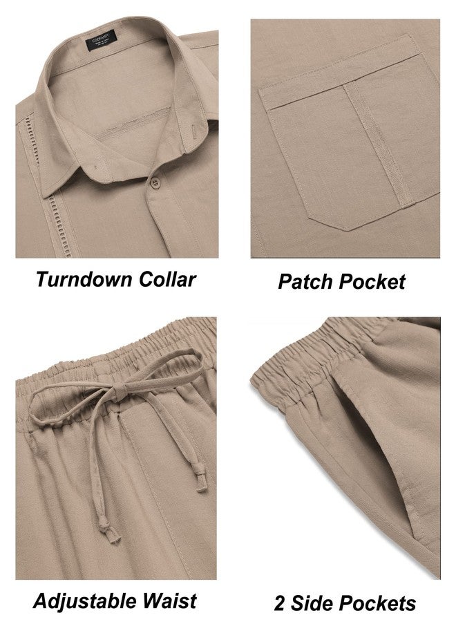 COOFANDY Mens Coordinated Outfit Hawaiian Set Linen Long Sleeve Guayabera Shirts and Drawstring Waist Pants Set Casual Beach, Khaki, Medium - Image 5